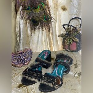 Irregular Choice Funky teal fringed kitten heel with fuzzy straps, Never worn